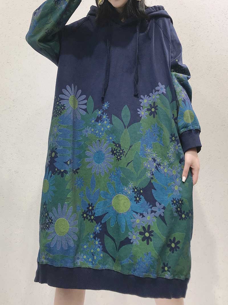 Hooded Floral Print Long Sleeve Oversized Sweatshirt Midi Dress 6