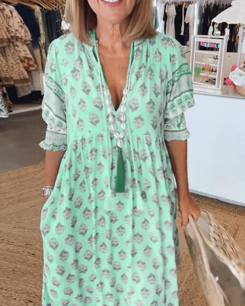 Split V-Neck Boho Border Print Ruffle Sleeve Tiered A-Line Midi Dress