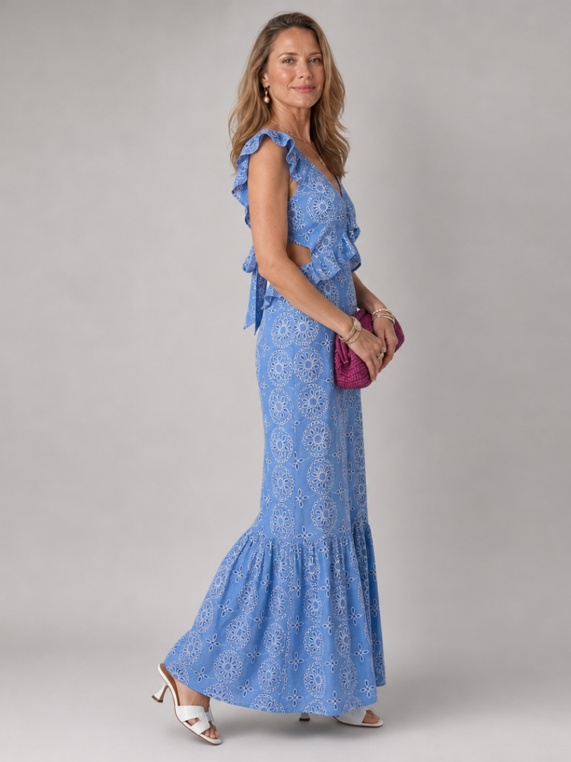 Sky Blue V-Neck Ruffle Flutter Sleeve Eyelet Embroidery Cutout A-Line Maxi Dress
