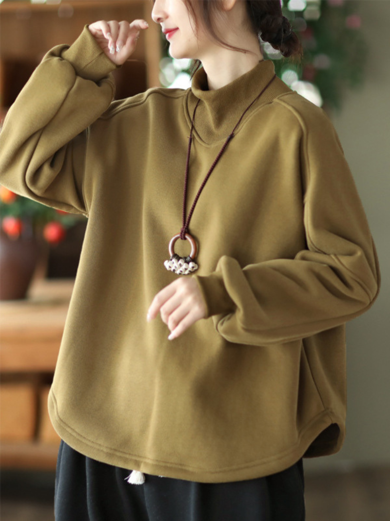 Mock Neck Long Sleeve Fleece Loose Pullover Sweatshirt 3