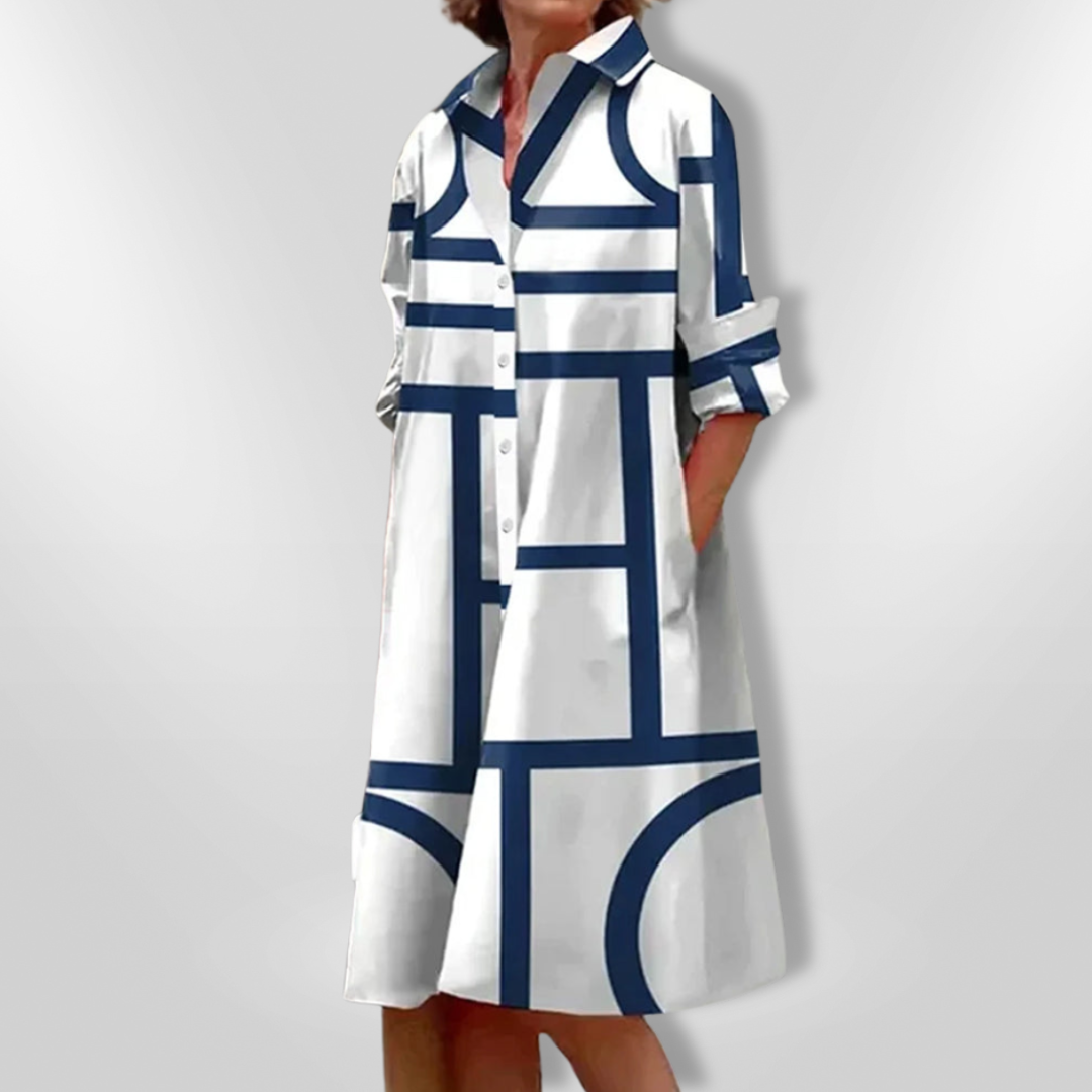 Lapel Collar Geometric Print Button Front Pocket Shirt Dress