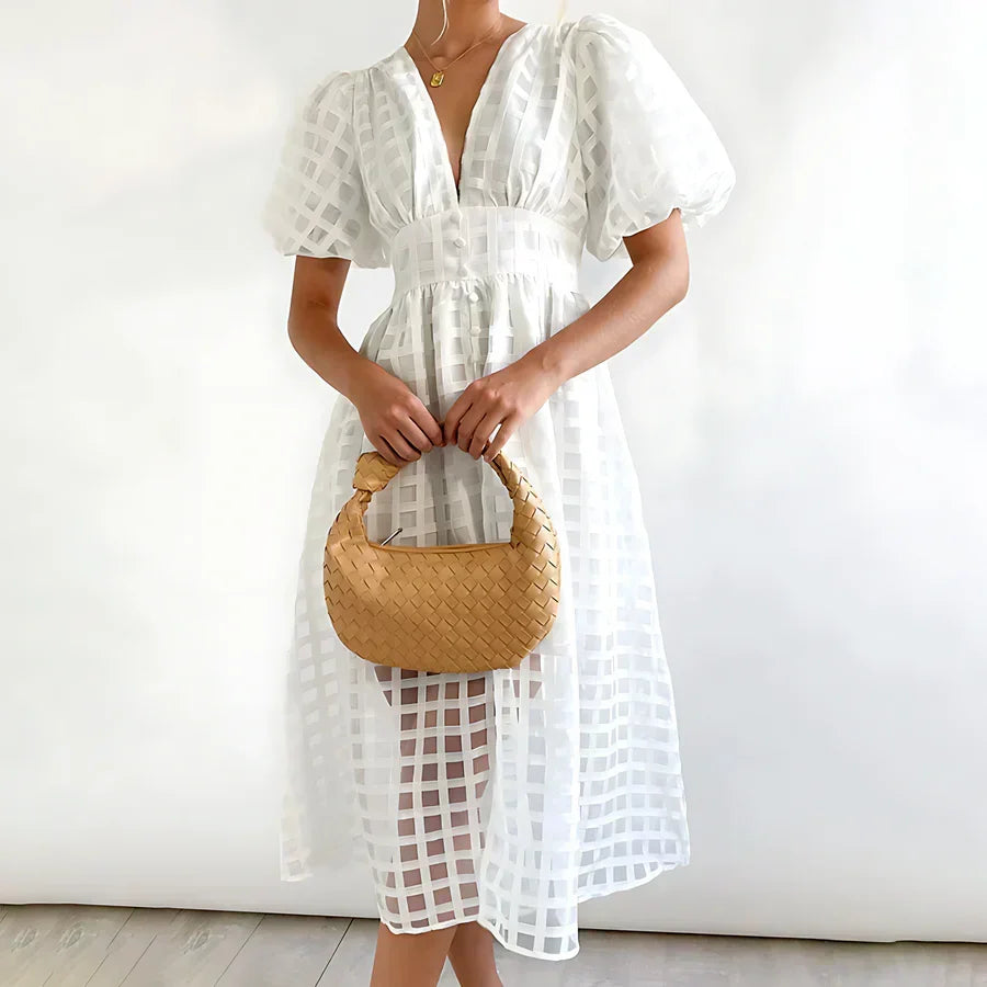 V-Neck Puff Sleeve Sheer Organza Grid A-Line Midi Dress