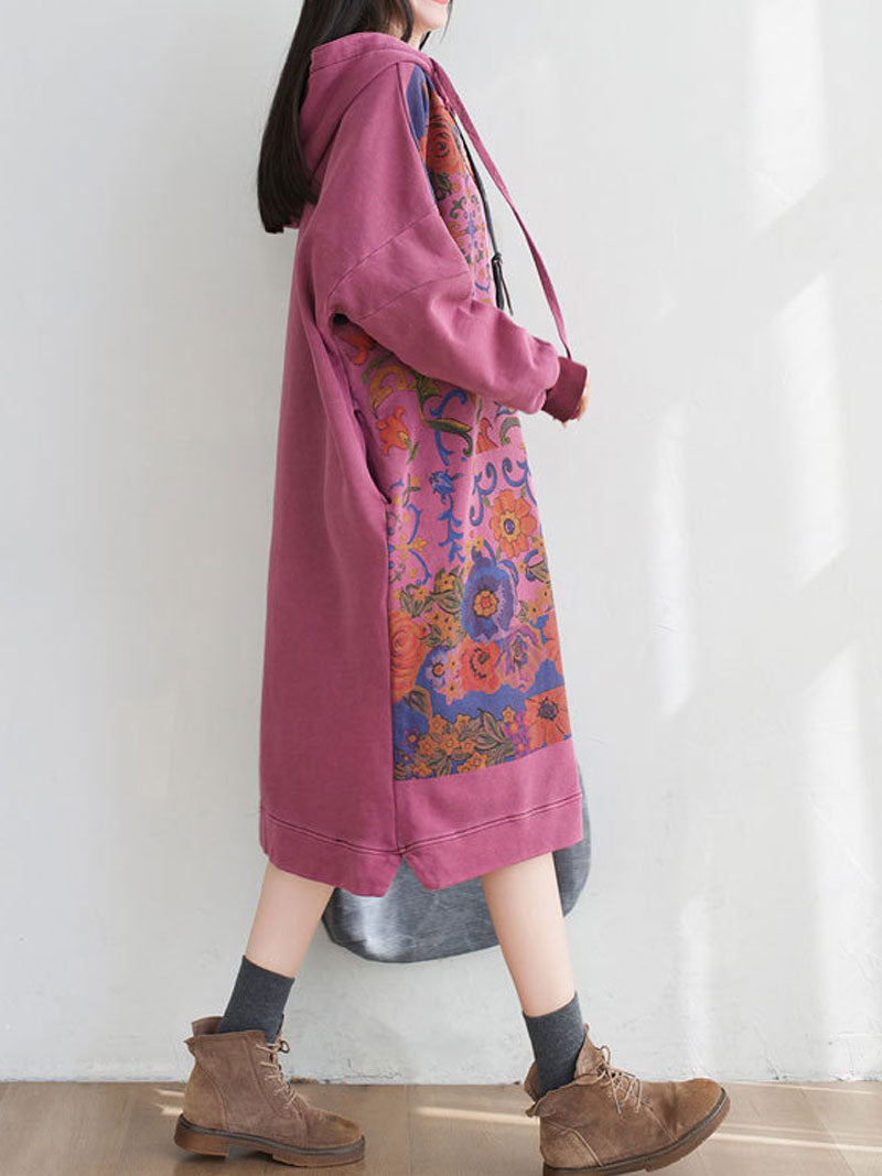 Hooded Floral Print Long Sleeve Loose Midi Dress 6