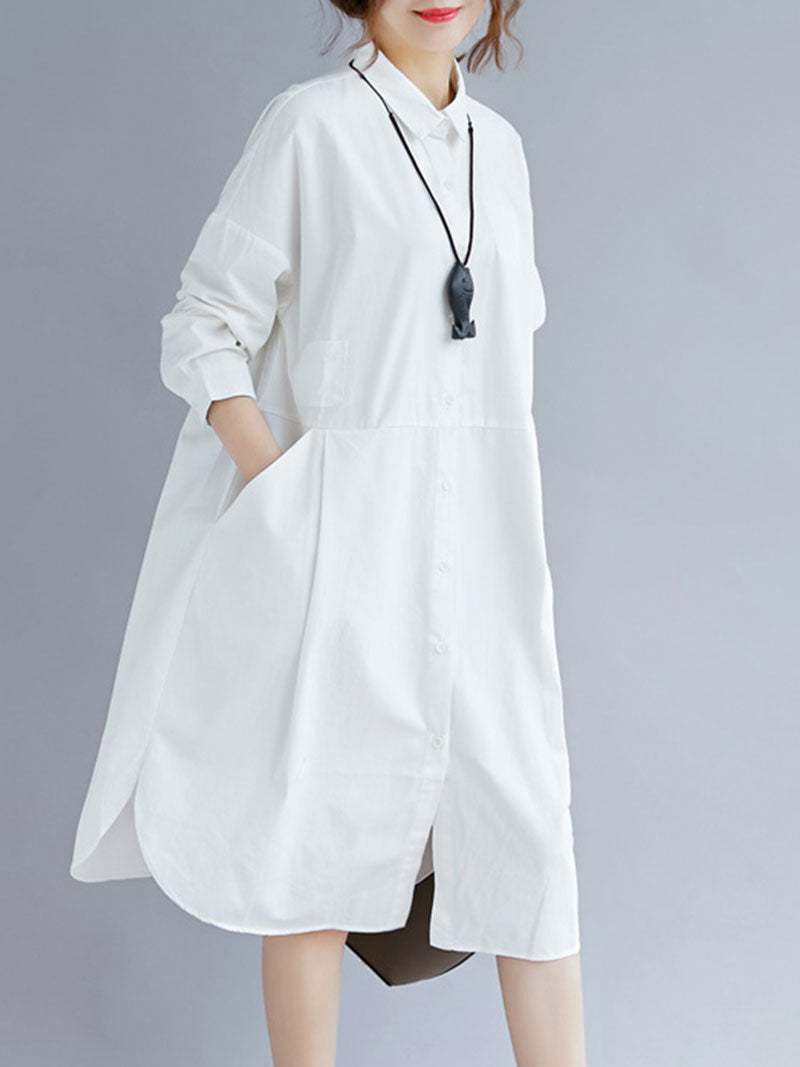 White Collared Button-Down Long Sleeve Loose Shirt Midi Dress 3