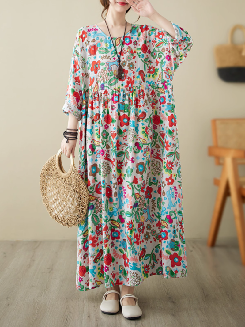 Round Neck Floral Print Long Sleeve Pleated Loose Smock Maxi Dress