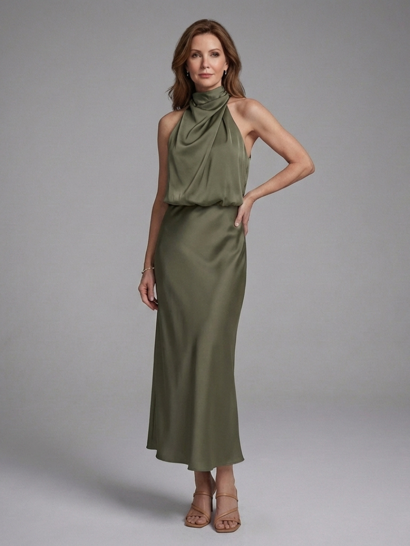 Halter Neck Satin Blouson Bias Midi Dress 2