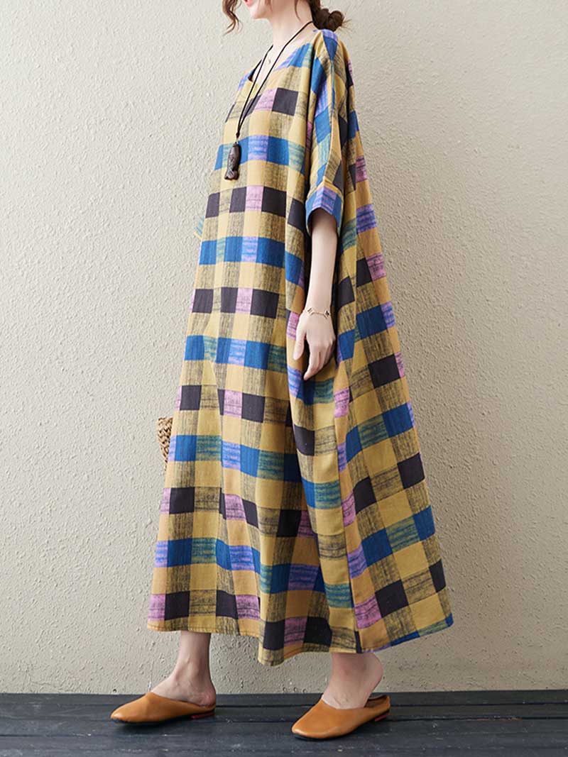 Multicolor Round Neck Plaid Batwing Sleeve Loose Cocoon Maxi Dress