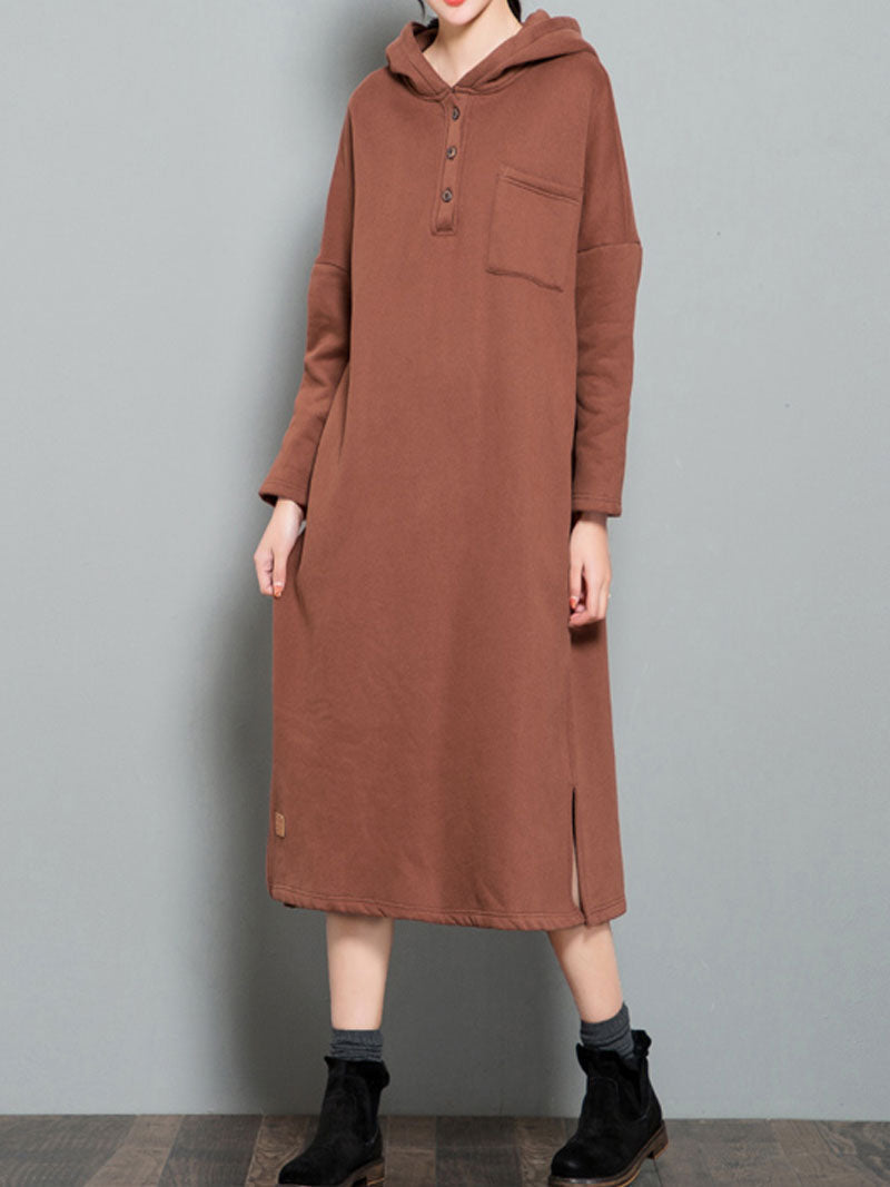 Hooded Long Sleeve Patch Pocket Loose Sweatshirt Midi Dress 6