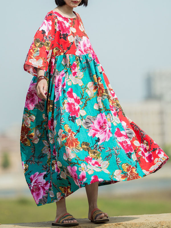 Round Neck Floral Print Half Sleeve Loose Maxi Dress 6