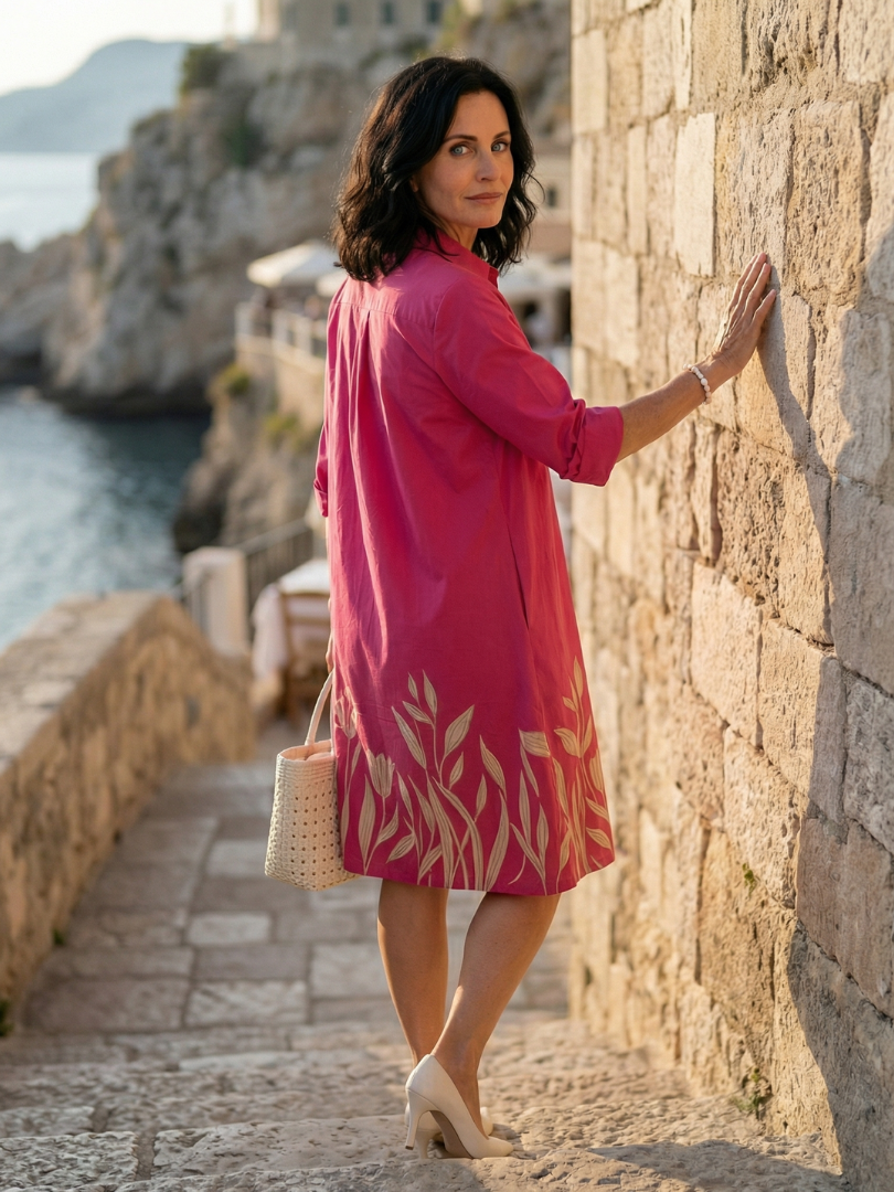 Pink Collar Button Placket Tulip Border Print Shift Midi Dress 5