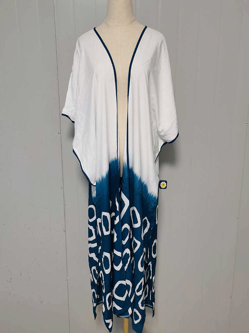 White Tie Dye Geometric Print Open Front Long Kimono