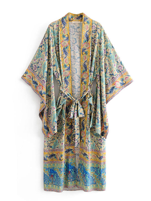 Green Floral Peacock Print Belted Boho Long Kimono Robe