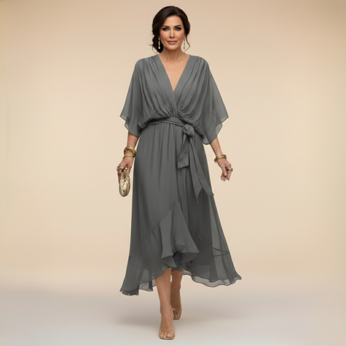 V-Neck Chiffon Batwing Sleeve Tie Waist Ruffle Hem Midi Dress 6