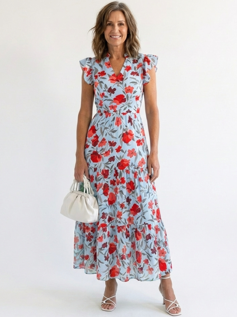 Split Neck Floral Print Ruffle Sleeve Tiered A-Line Maxi Dress