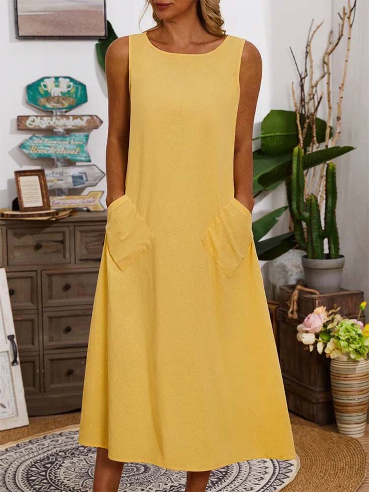 Summer Crew Neck Solid Cotton Blend Sleeveless Pocket Dress