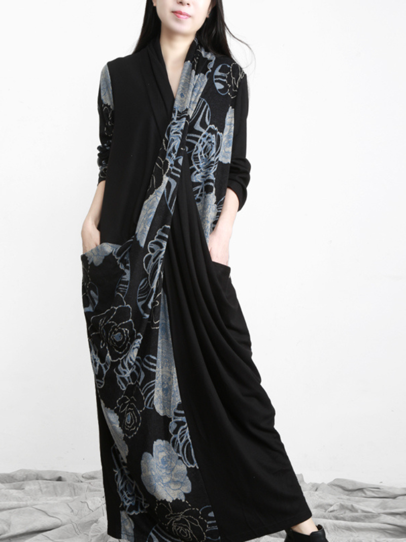 Draped Wrap Front Floral Panel Long Sleeve Loose Maxi Dress