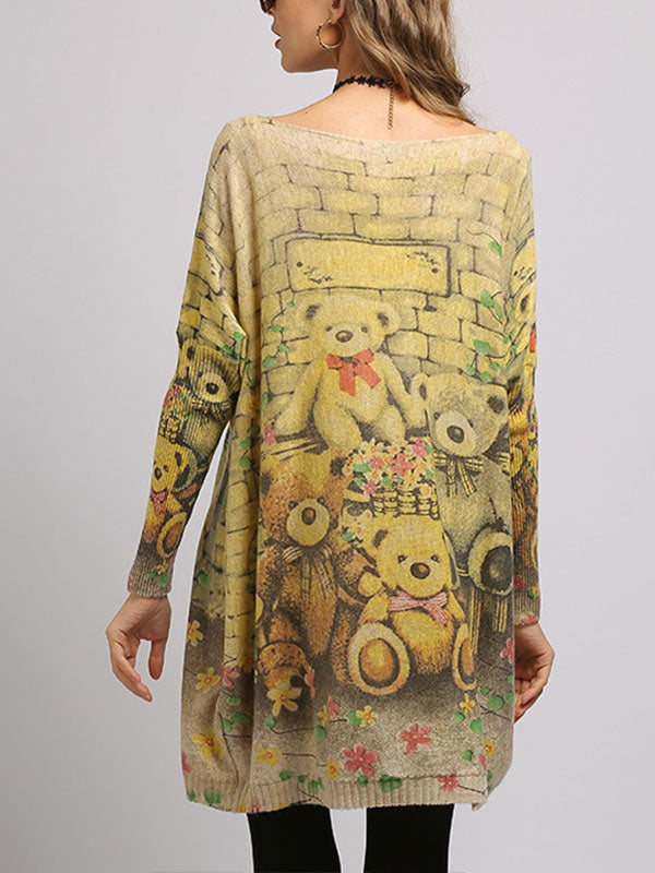 Boat Neck Long Sleeve Teddy Bear Print Knit Sweater 6