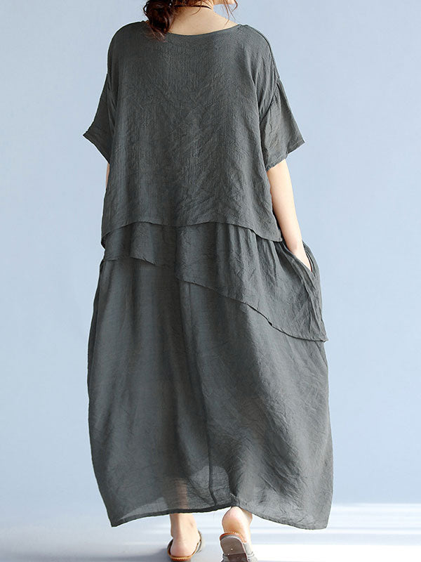 Round Neck Layered Short Sleeve Loose A-Line Linen Maxi Dress 8