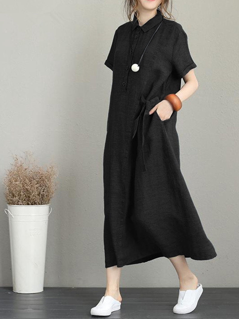 Collared Button Placket Short Sleeve Linen Shirt Maxi Dress 4