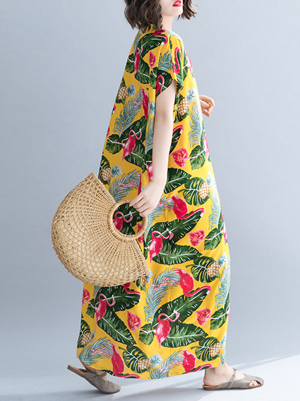 V-Neck Tropical Flamingo Print Short Sleeve Loose Kaftan Maxi Dress 3