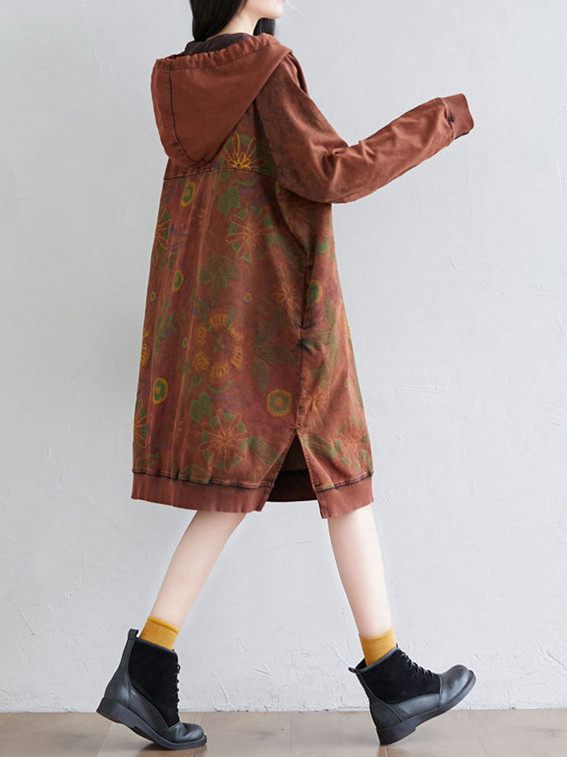 Hooded Floral Print Drawstring Long Sleeve Sweatshirt Midi Dress