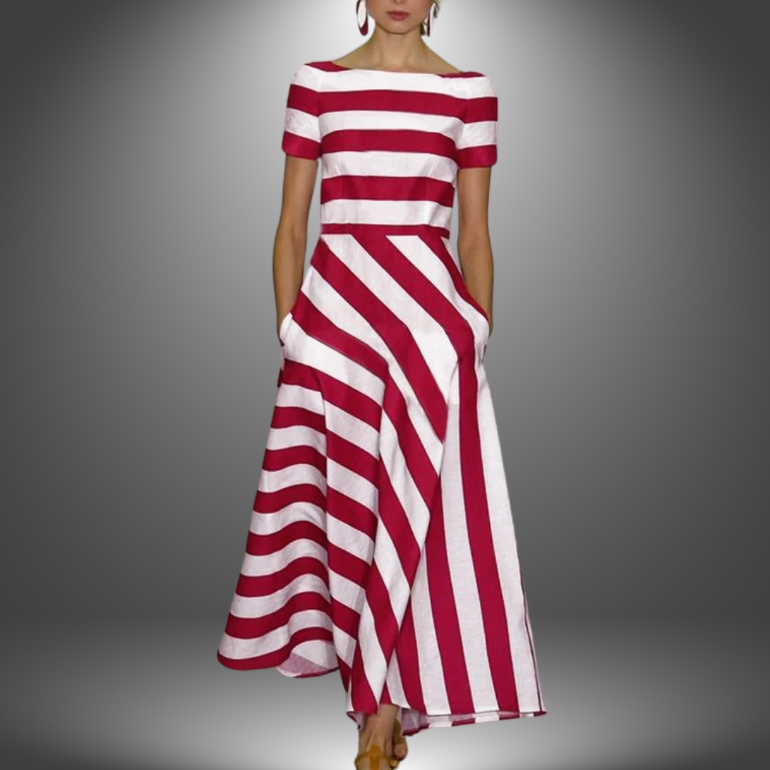 Boat Neck Striped Short Sleeve A-Line Maxi Dress