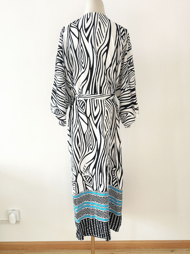Multi Color Zebra Stripe Print Bordered Tie Waist Long Kimono Robe 3