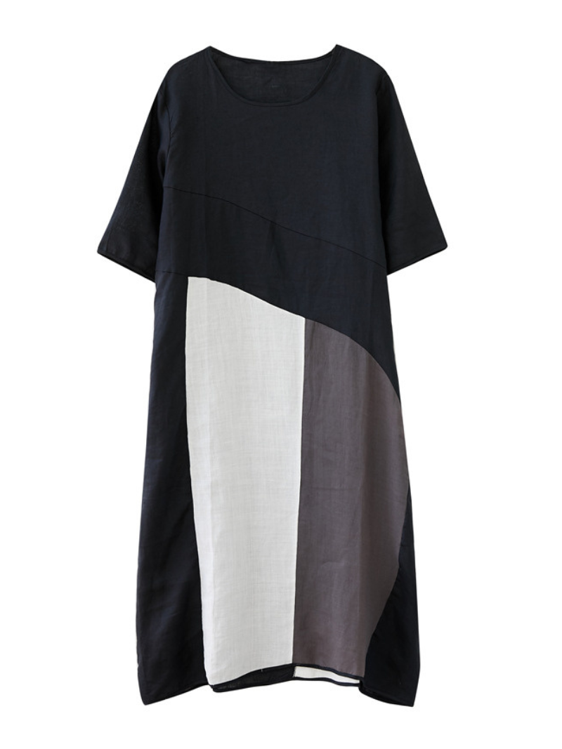 Round Neck Half Sleeve Colorblock Panel Loose Midi Dress 4