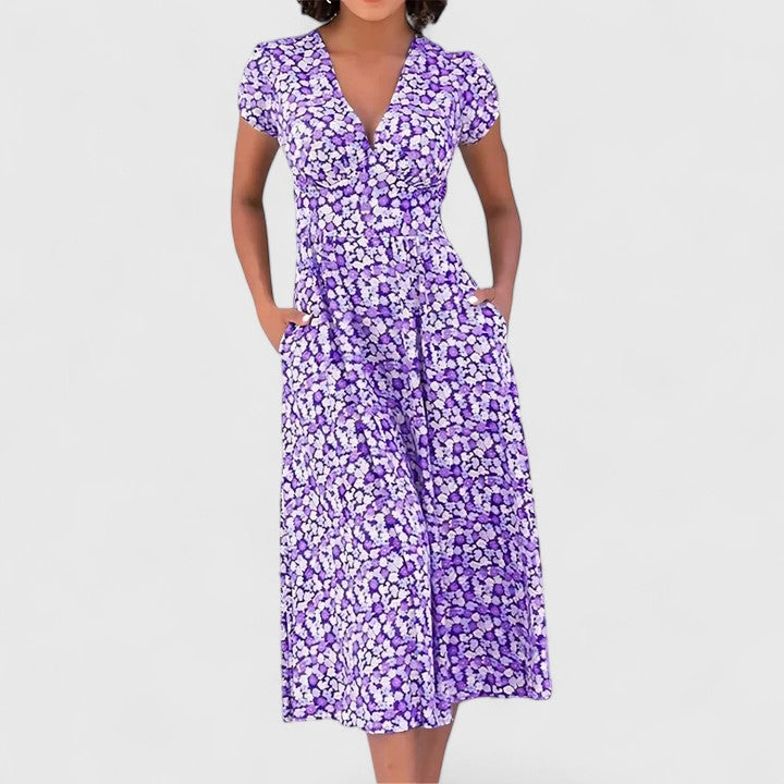 V-Neck Cap Sleeve Ditsy Floral Wrap A-Line Midi Dress 3