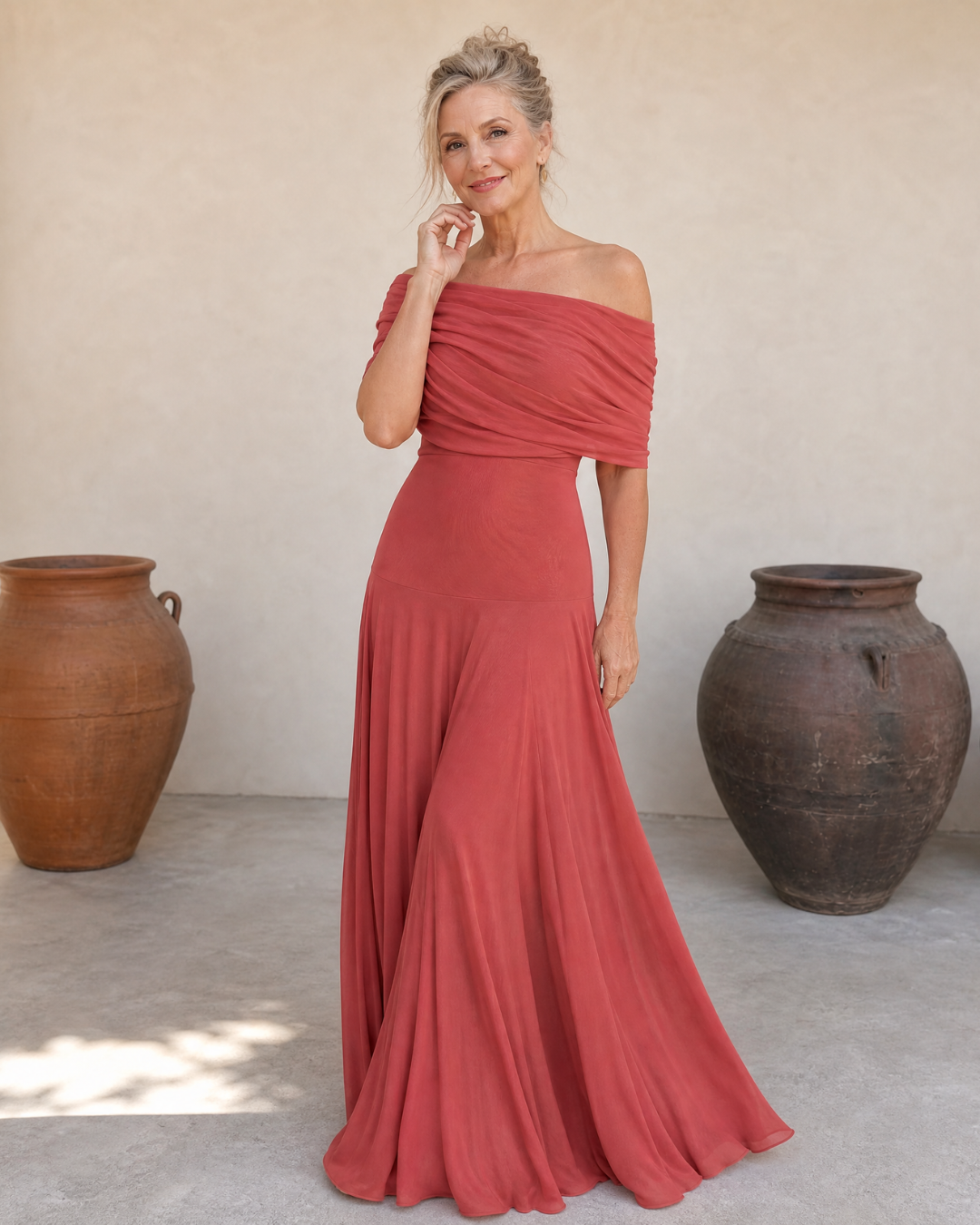 Off-Shoulder Draped Ruched Bodice Flowing Chiffon Maxi Gown