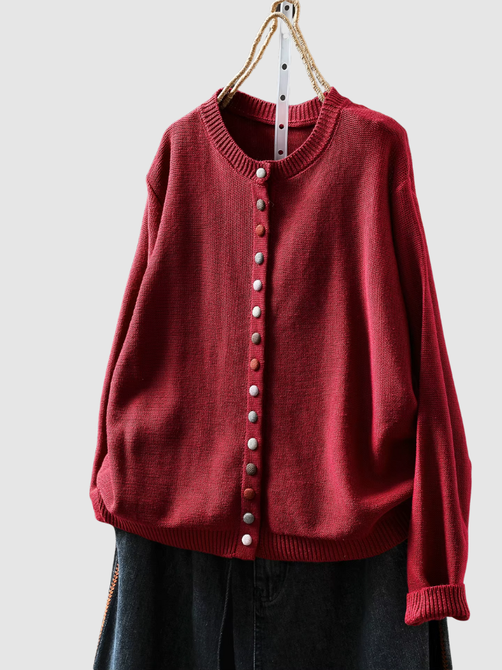 Round Neck Button Front Knit Long Sleeve Cardigan
