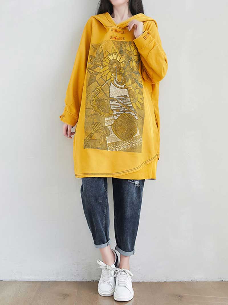 Hooded Floral Graphic Print Longline Sweatshirt Hoodie