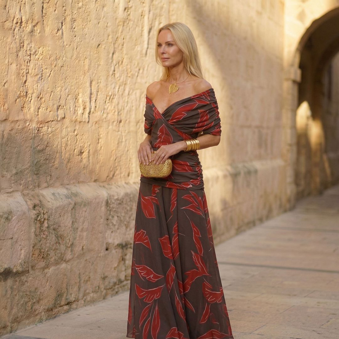 Red Off-Shoulder Twist Front Ruched Leaf Print A-Line Maxi Dress