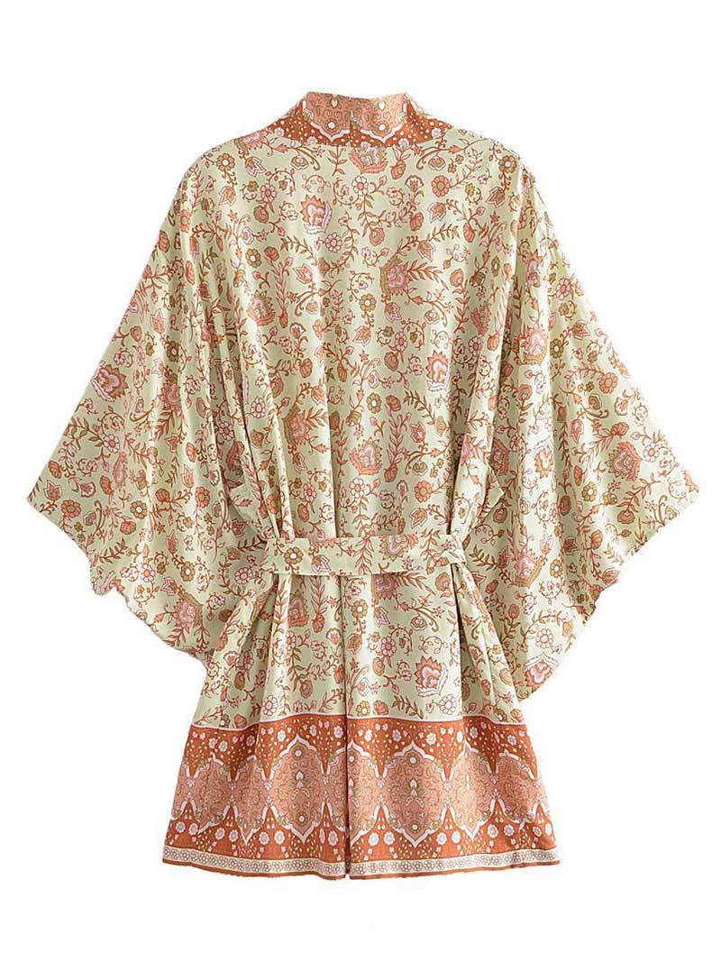 Floral Print Border Trim Tie Waist Kimono Robe 4