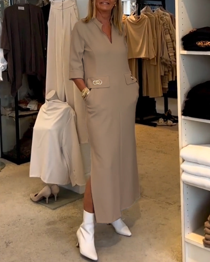 Magaly Timeless Solid Color Slit Dress with 3/4 Sleeves Premium Wardrobe Essential
