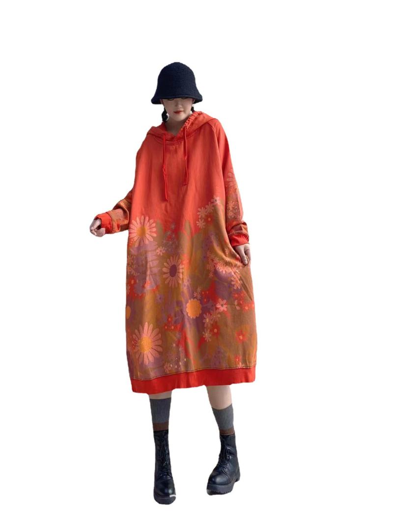 Hooded Floral Print Long Sleeve Oversized Sweatshirt Midi Dress 10