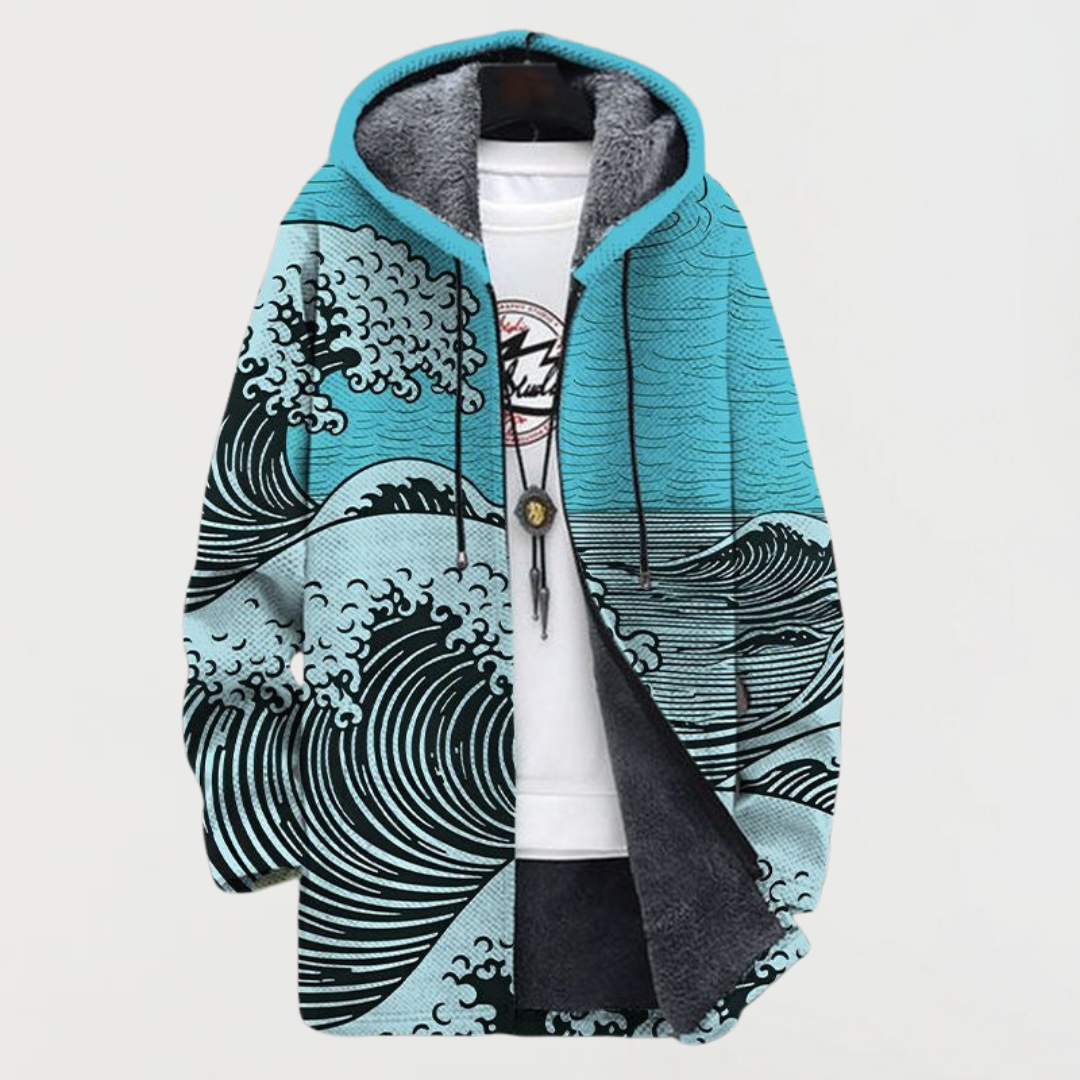 Hooded Wave Print Fleece-Lined Zip Front Coat 2