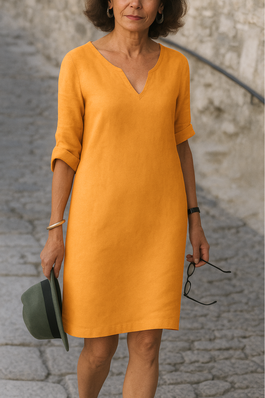 Notch Neck Half Sleeve Linen Shift Midi Dress 4