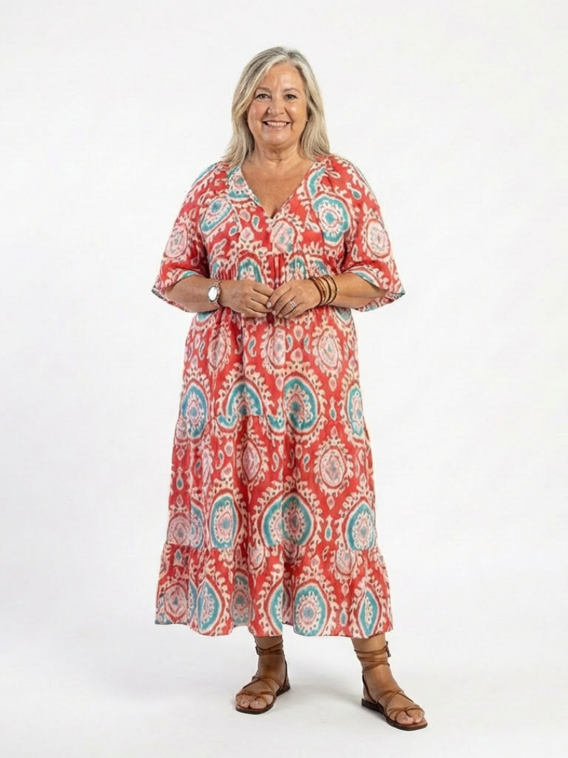 Red Split Neck Ikat Medallion Puff Sleeve Tiered Maxi Dress 5