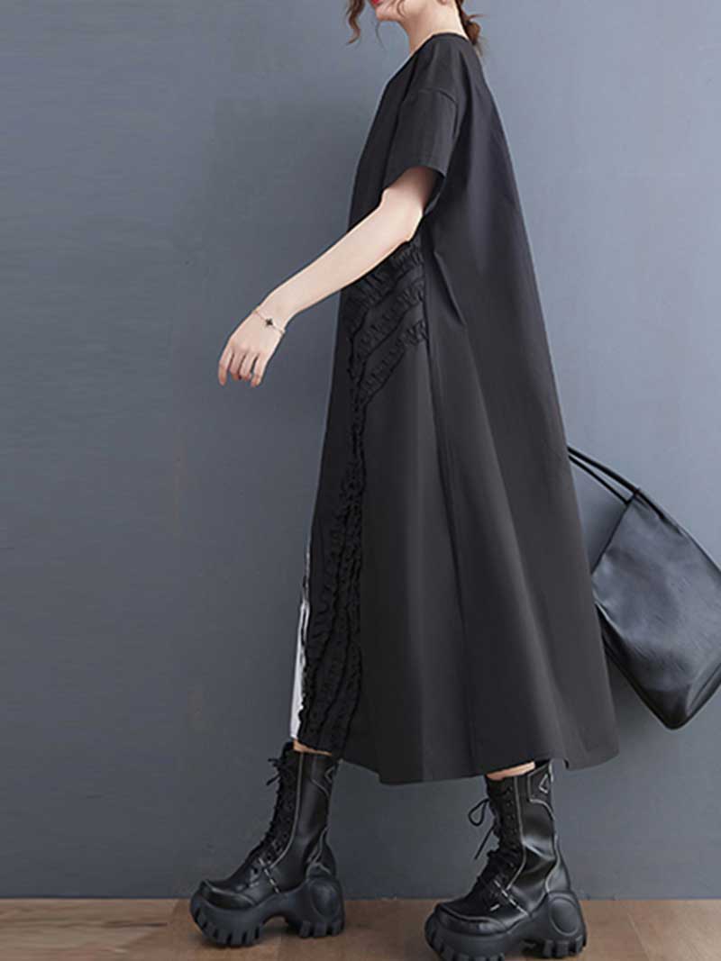 Black Round Neck Short Sleeve Ruffle Trim Contrast Panel Loose Midi Dress 2