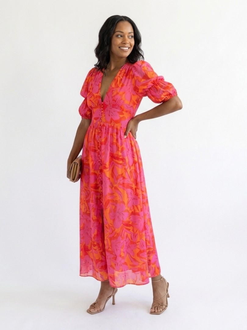Pink V-Neck Floral Puff Sleeve Button Front Flowy Maxi Dress