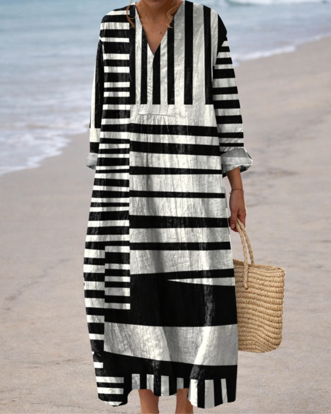 Notch Neck Long Sleeve Geometric Stripe Print Shift Maxi Dress