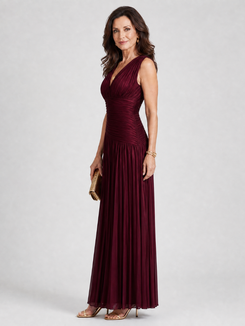 V-Neck Sleeveless Ruched Pleated Bodice Maxi Gown 2