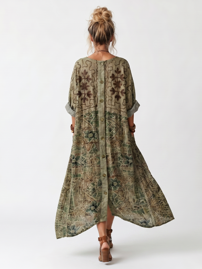 Green V-Neck Button Front Contrast Panel Embroidered Pocket Maxi Dress 4
