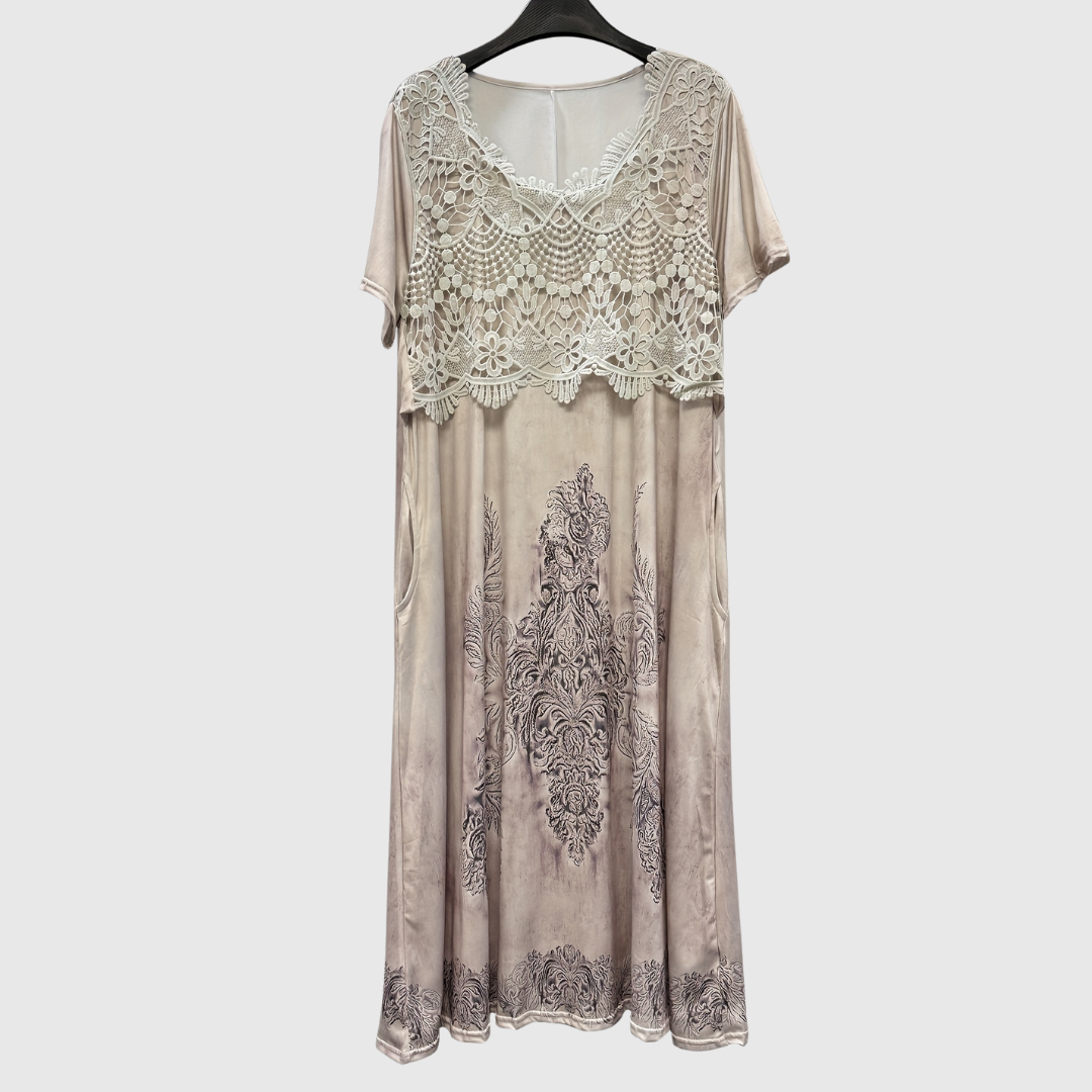 Crochet Lace Bodice Short Sleeve Floral Print Pocket Midi Dress