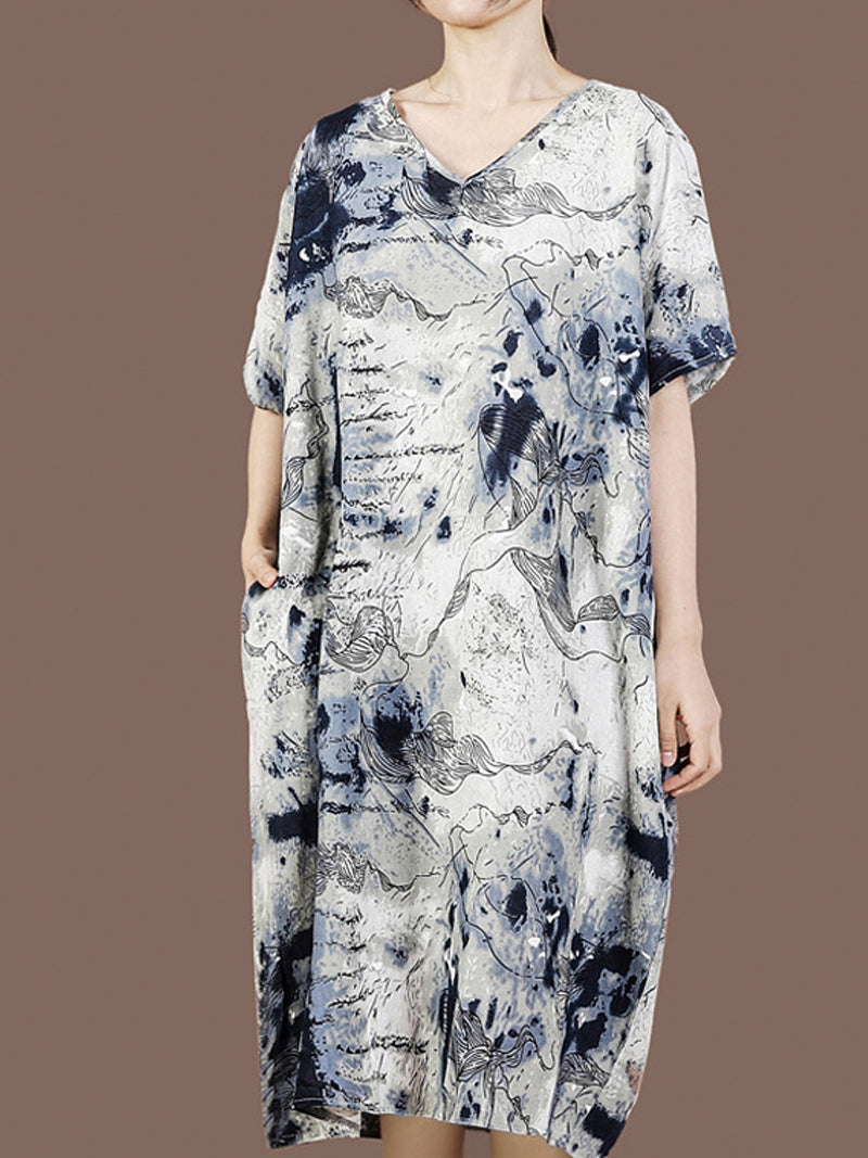 Grey V-Neck Ink Print Satin Short Sleeve Loose Cocoon Midi Dress 4