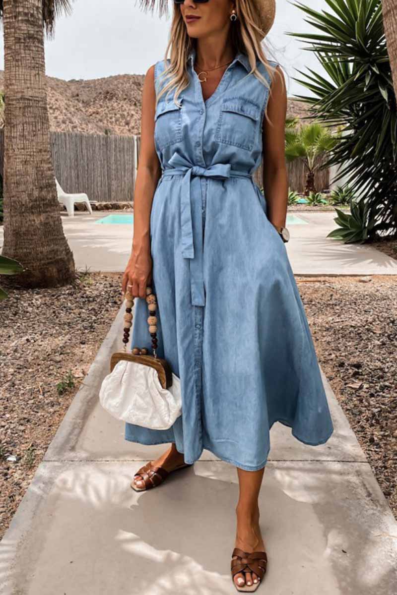 Florcoo Plaid Shirt Trendy Long Sleeve Single Dress S / Light Blue Dresses