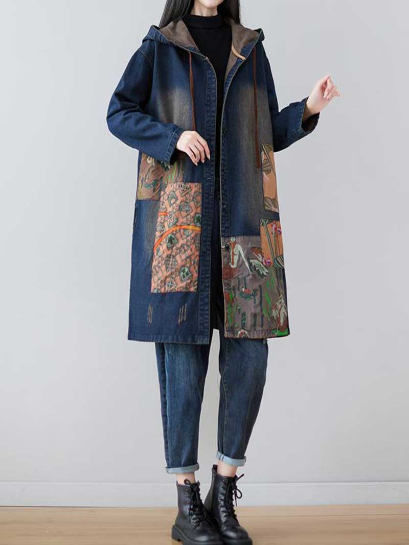 Navy Blue Hooded Patchwork Pocket Longline Denim Jacket