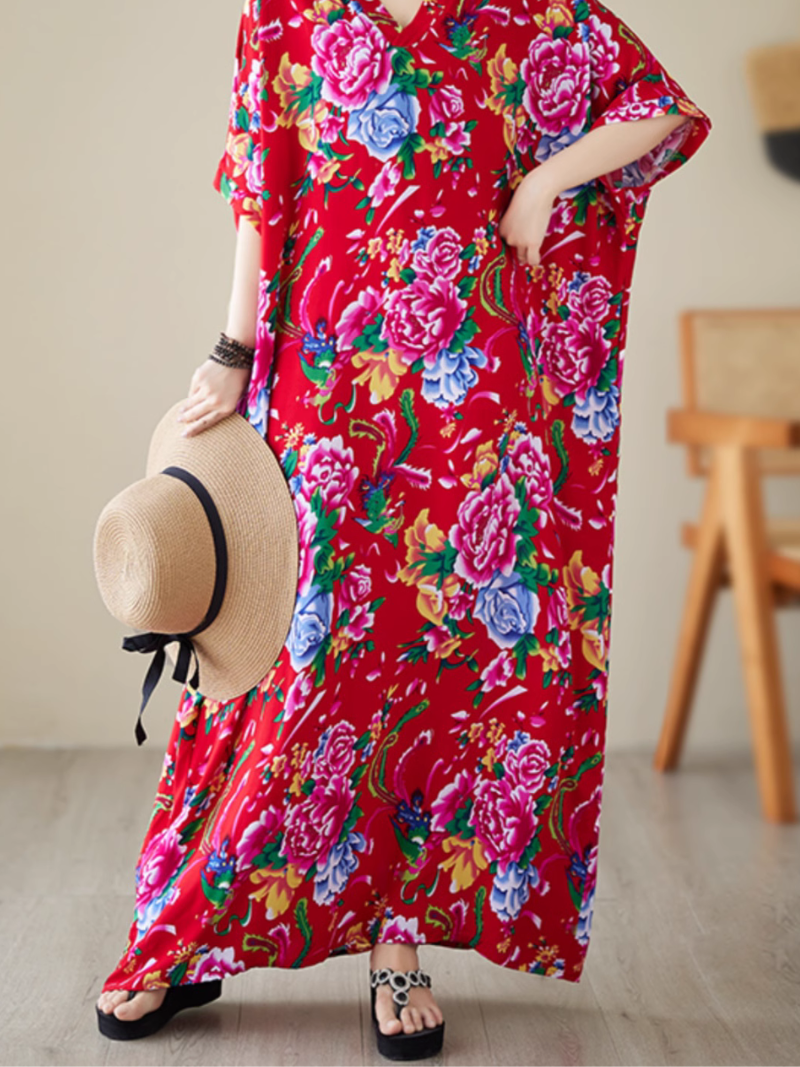 V-Neck Floral Print Batwing Sleeve Loose Kaftan Maxi Dress 9