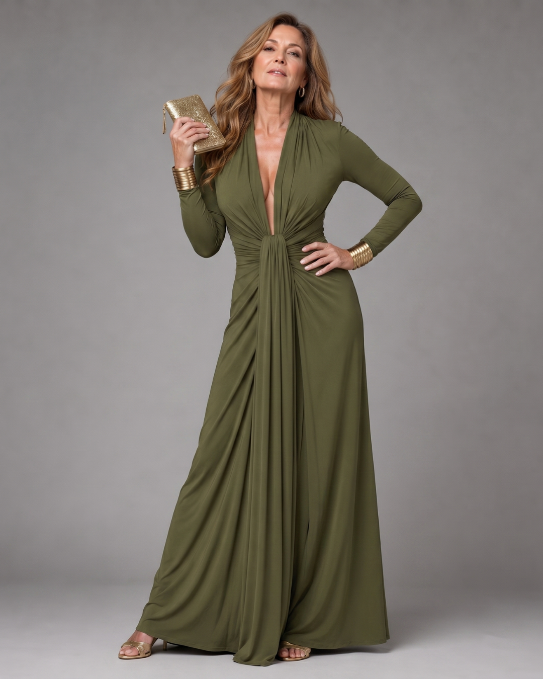 Green Plunge V-Neck Long Sleeve Draped Twist Front Maxi Gown